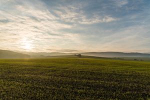 An acreage with rolling fields at sunset