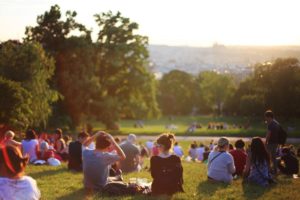 A crowd of people with picnics in a park