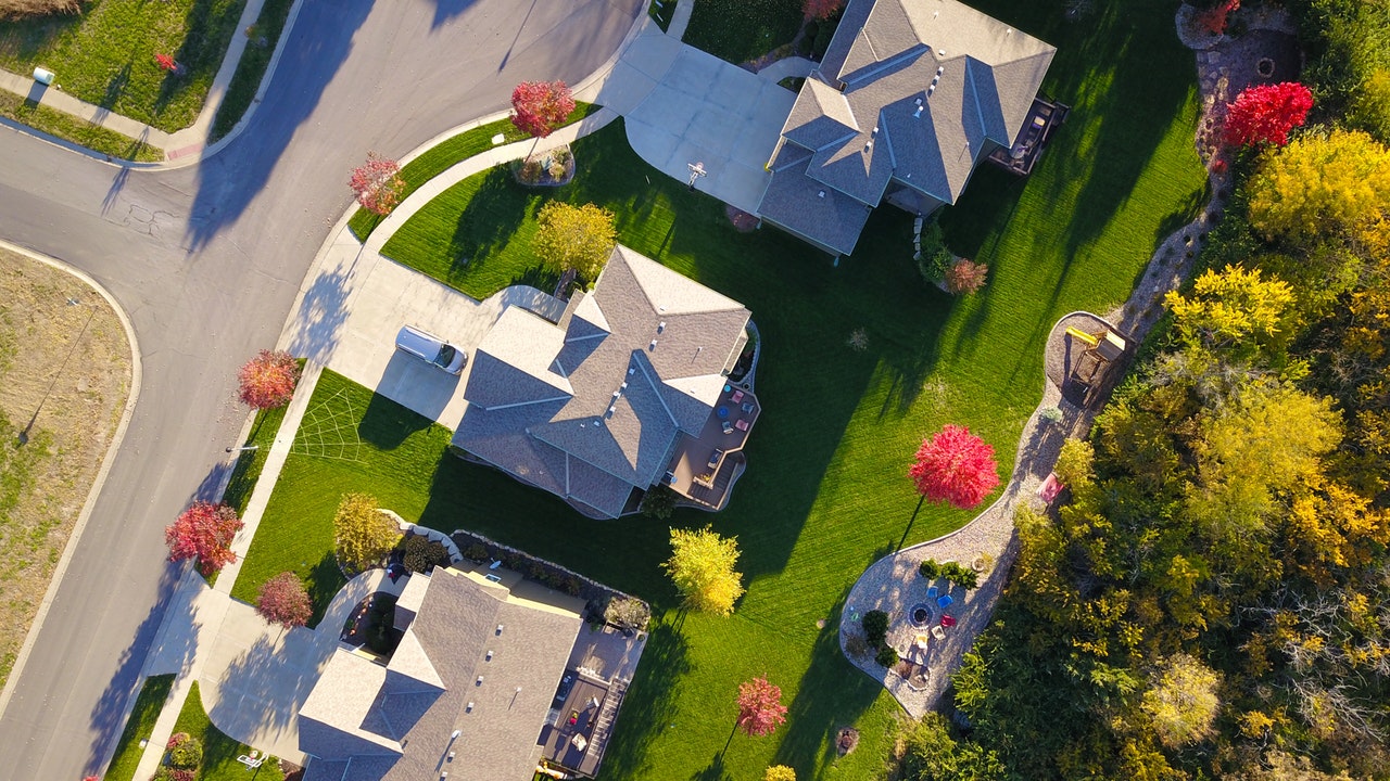 Aerial shot of a suburban neighborhood.