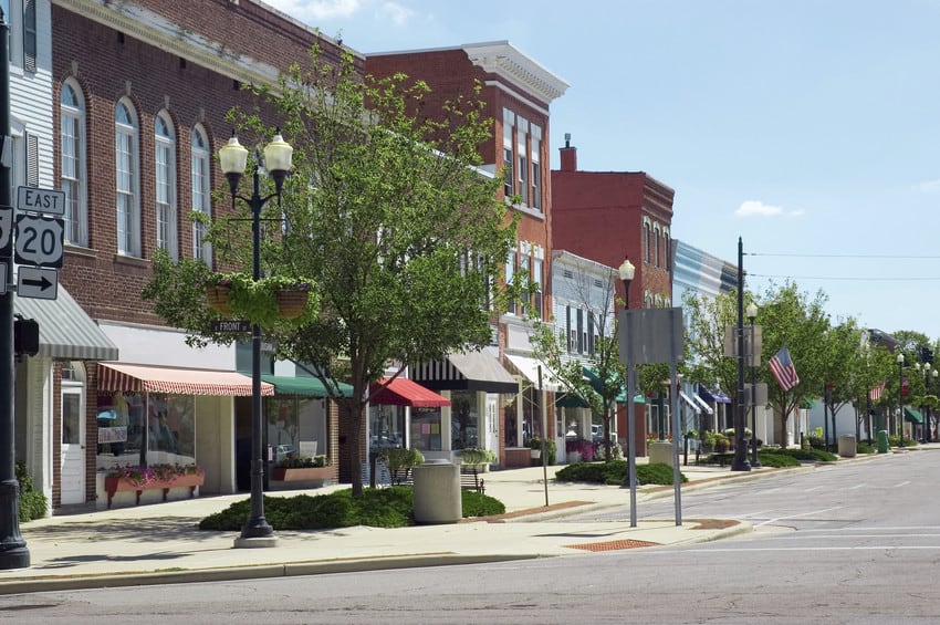 A small town strip with local businesses.